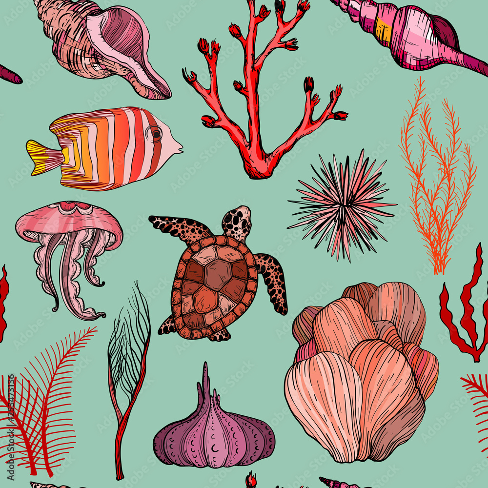 Seamless pattern with marine hand drawn corals and marine life.