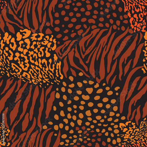 Mix animal skin prints, tiger, leopard, jaguar seamless pattern design  vector.