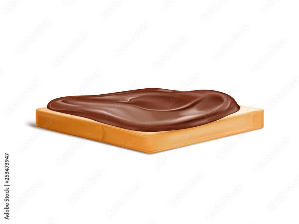 Slice of wheat bread with chocolate cream or nougat spread 3d realistic vector isolated on white background. High-calorie sandwich breakfast, easy to cook shack, simple and sweet dessert illustration Slice of wheat bread with chocolate cream or nougat spread 3d realistic vector isolated on white background. High-calorie sandwich breakfast, easy to cook shack, simple and sweet dessert illustration