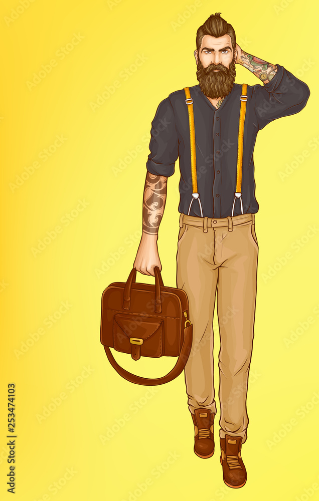 Toerist woede Aanbevolen Serious bearded and tattooed hipster man, in shirt with rolled up sleeves,  pants with suspenders, walking, holding leather suitcase in hand pop art  vector on yellow background. Mens fashion concept Stock Vector 