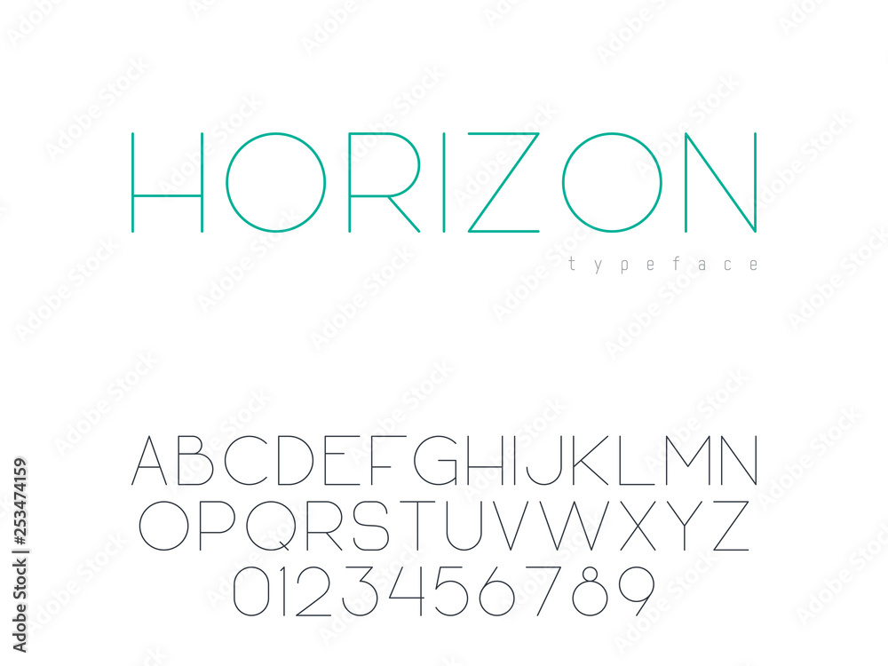 Vector thin line uppercase font. Latin alphabet letters and numbers