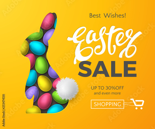 Vector template of Easter sale banner with 3d colorful eggs, text and realistic layered cut out paper rabbit with fur tail. Festive orange background for promo flyers with discount or special offers.