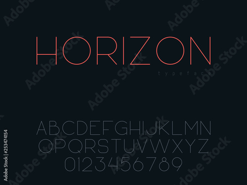Vector thin line uppercase font. Latin alphabet letters and numbers
