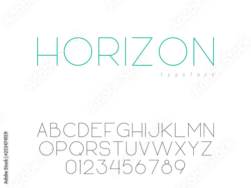 Vector thin line uppercase font. Latin alphabet letters and numbers