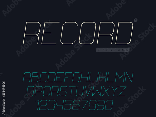 Thin line uppercase font. Latin alphabet letters and numbers. Vector illustration