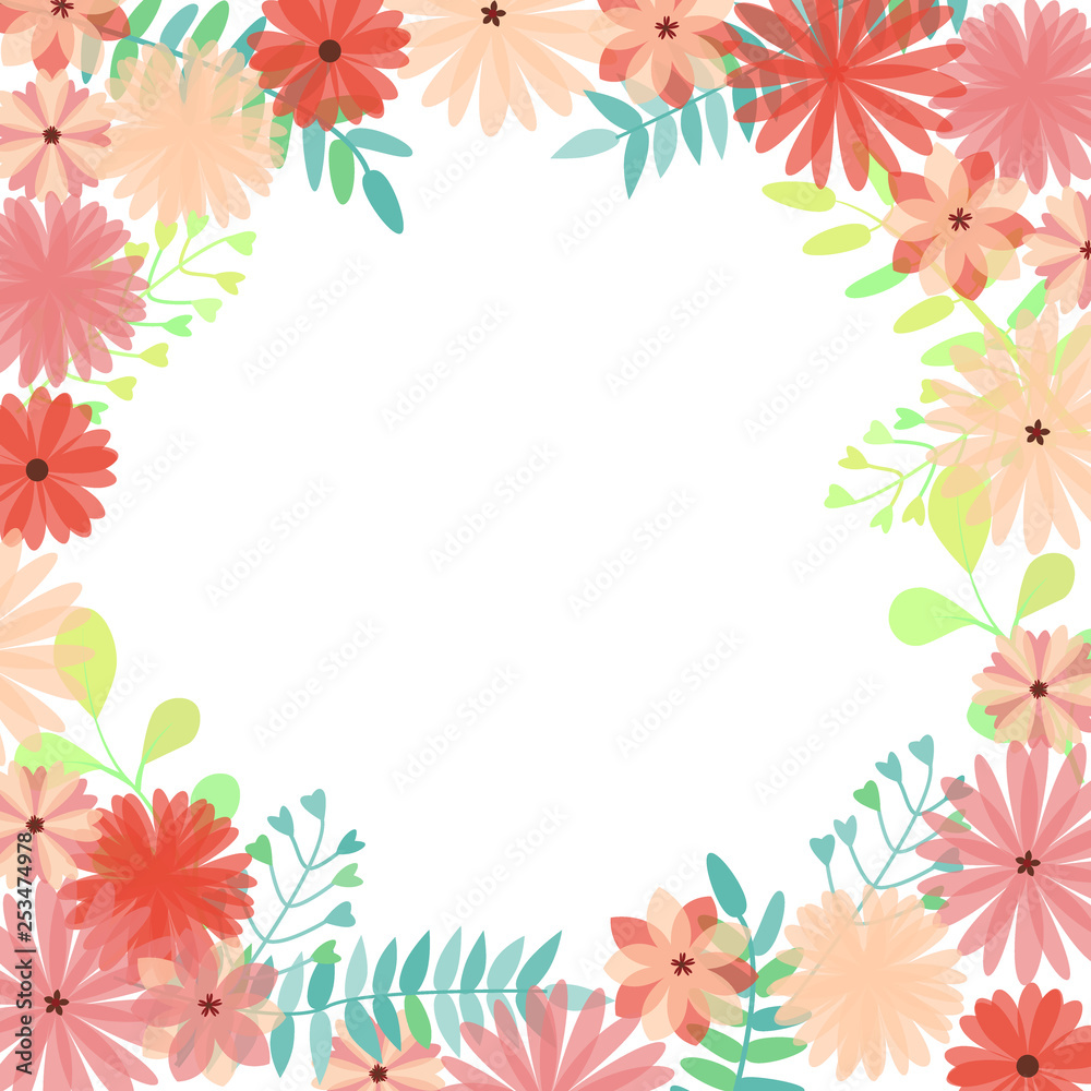 Vector illustration with bright and beautiful flowers and branches on white background and place for text. For greeting card, print, holiday invitation, banner, poster. Vector illustration with bright and beautiful flowers and branches on white background and place for text. For greeting card, print, holiday invitation, banner, poster.