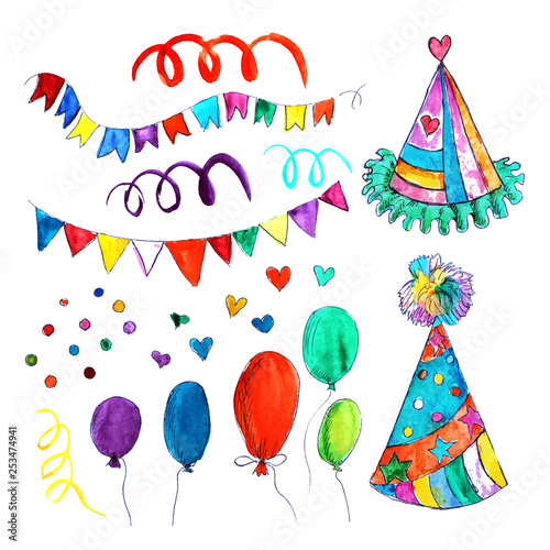 Hand drawn watercolor party carnival circus elements objects isolated on white background