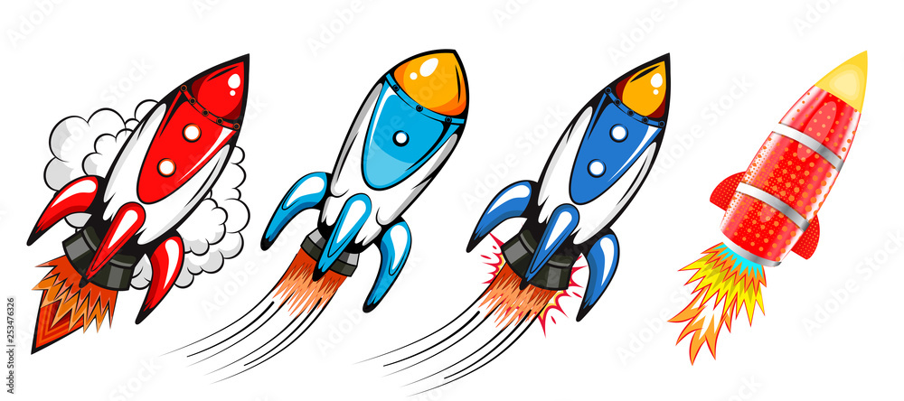Set of rockets in retro pop art style illustration