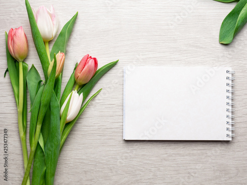 Tulips wooden background with notebook