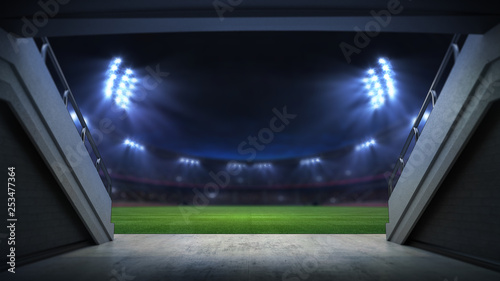 player entrance to illuminated stadium full of fans, football stadium sport t...