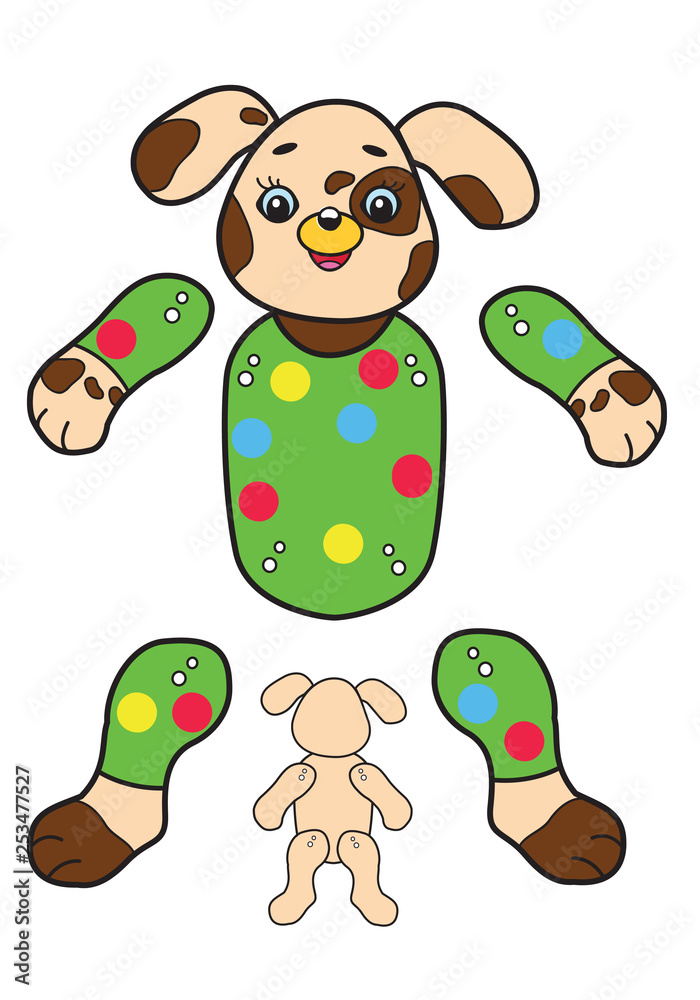 Mechanical paper toy. Dog. Separately items. Cut templates. Stock