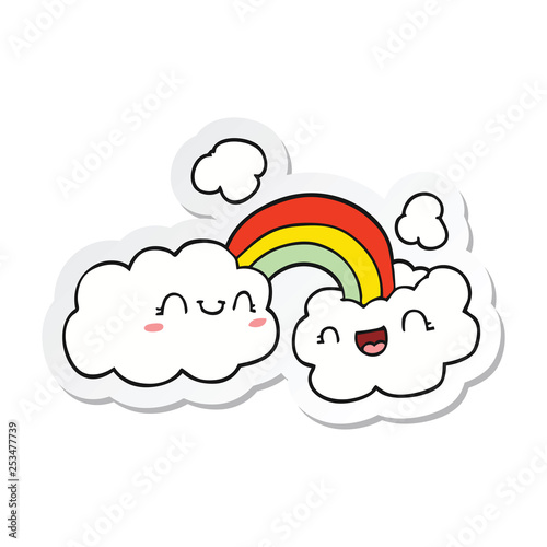 sticker of a happy cartoon clouds and rainbow