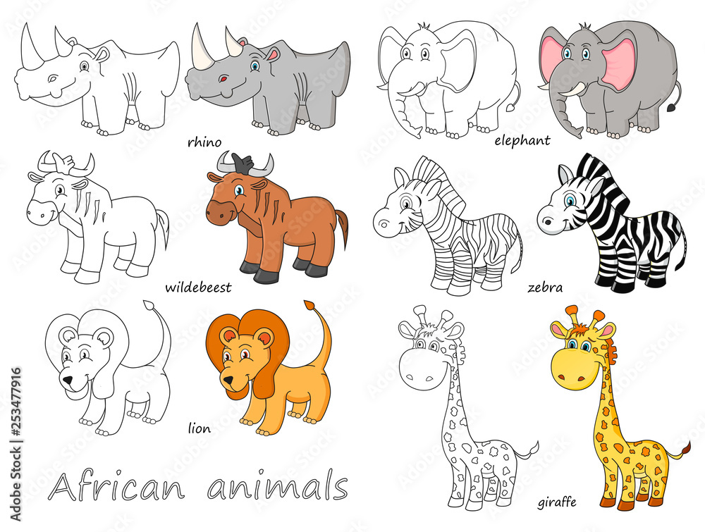Obraz premium Cartoon african animals outline and colored illustration