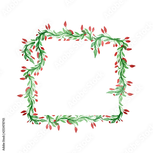 Watercolor square frame with green branches and red barberry for greeting cards and invitations 