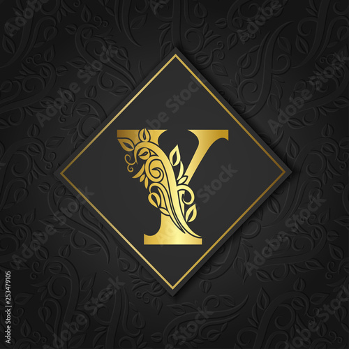 Golden letter Y with elegant floral contour isolated on colorful separate background. Premium letter Y or background great for logo, monogram, invitation, flyer, menu, brochure, card, cover, fashion