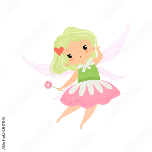 Cute Little Winged Fairy, Beautiful Girl Character in Fairy Costume with Magic Wand Vector Illustration