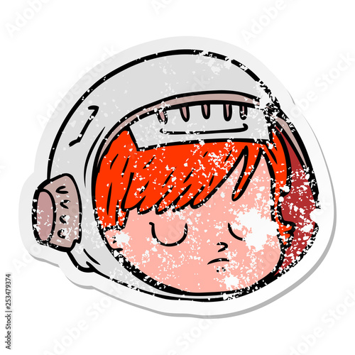 distressed sticker of a cartoon astronaut face