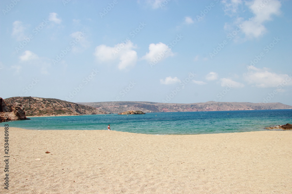 View of the stunning palm beach of Vai with blue, turquoise water on Crete