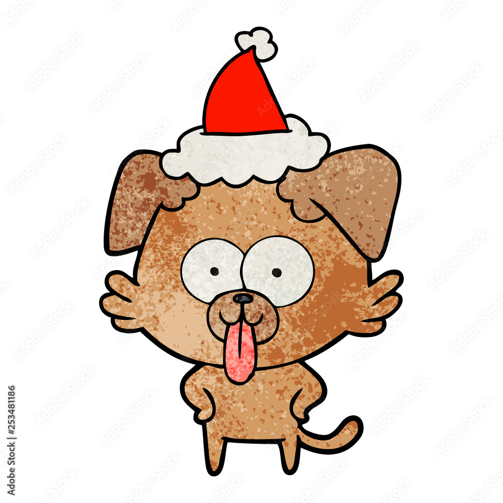 textured cartoon of a dog with tongue sticking out wearing santa hat textured cartoon of a dog with tongue sticking out wearing santa hat