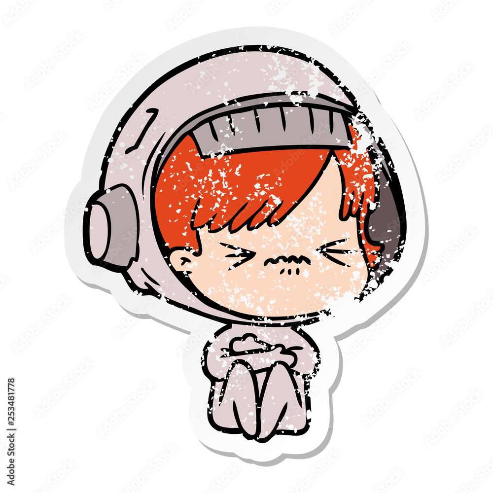 distressed sticker of a angry cartoon space girl distressed sticker of a angry cartoon space girl