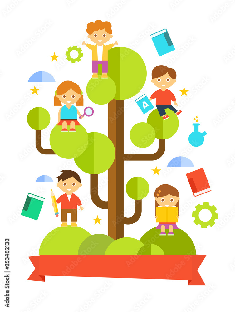 Kids Studying on Tree. Vector Illustration Kids Studying on Tree. Vector Illustration