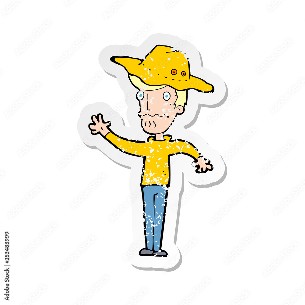 retro distressed sticker of a cartoon man in outback hat