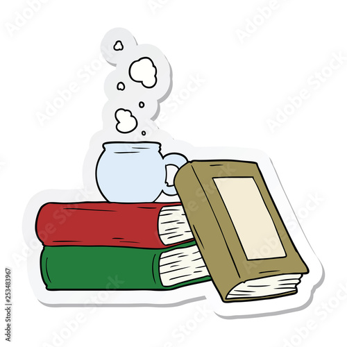 sticker of a cartoon coffee cup and study books