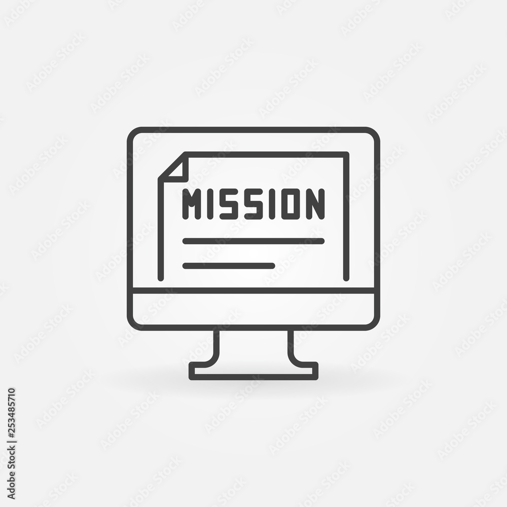 PC with mission document vector concept icon or sign in thin line style PC with mission document vector concept icon or sign in thin line style