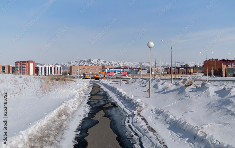 Spring urban landscape.  Outskirts of Ust-Kamenogorsk. 