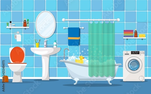 modern bathroom interior with furniture. Home Interior Objects - bath, square mirror, wash basin. Vector illustration in flat style