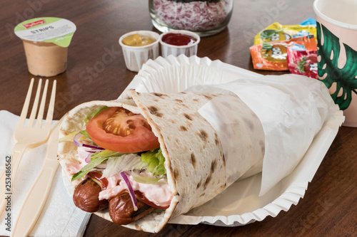 Canvas Print Stockholm, Sweden This tunnbrödsrulle, with mashed potatoes, shrimp salad and hot dogs wrapped in a flatbread is a staple of late night street food in Sweden