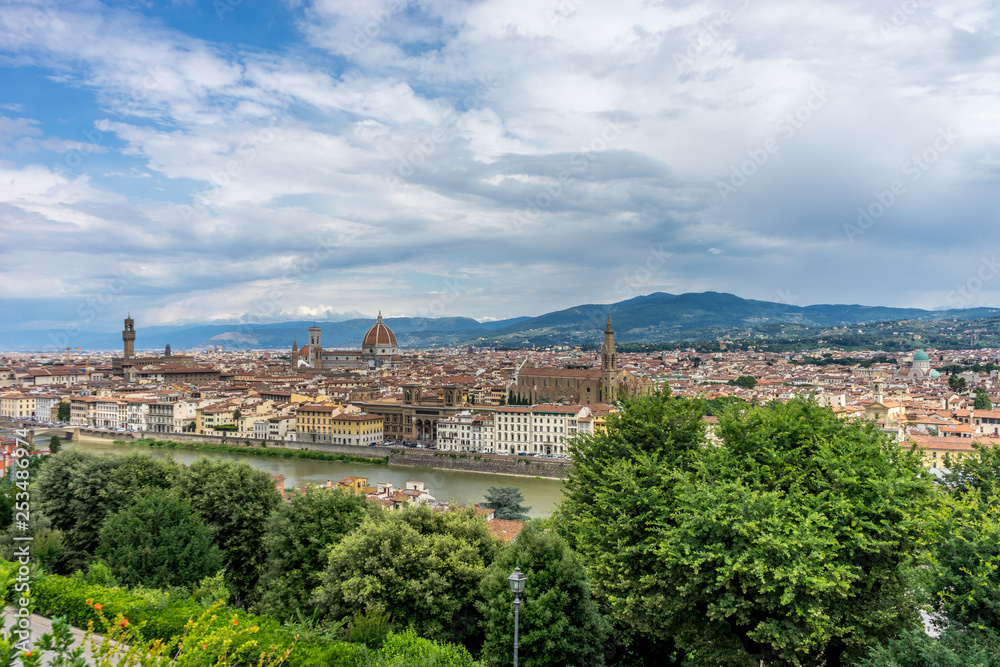 Panaromic view of Florence with Basilica Santa Croce, Palazzo Vecchio and Duomo viewed from Piazzale Michelangelo (Michelangelo Square)