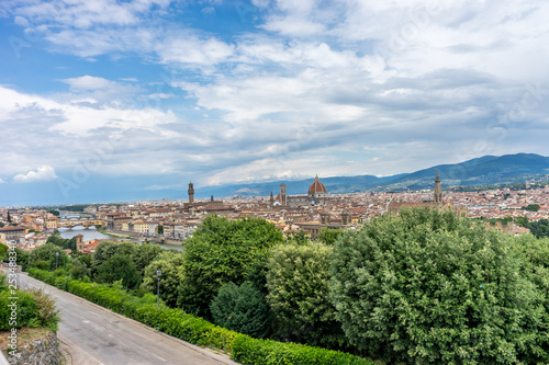 Panaromic view of Florence with Palazzo Vecchio, Ponte Vecchio, Basilica Croce and Duomo viewed from Piazzale Michelangelo (Michelangelo Square)