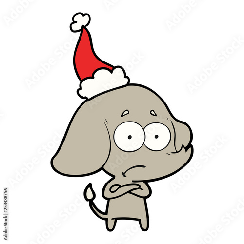 line drawing of a unsure elephant wearing santa hat