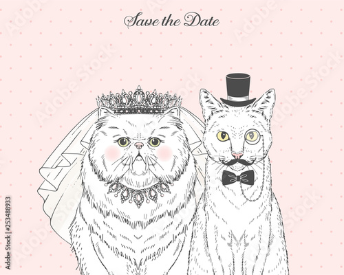 White persian cat bride in wedding veil and royal diadem and white cat groom in bow tie monocle and tall hat. Vector hand drawn animal illustration for save the date wedding party design.