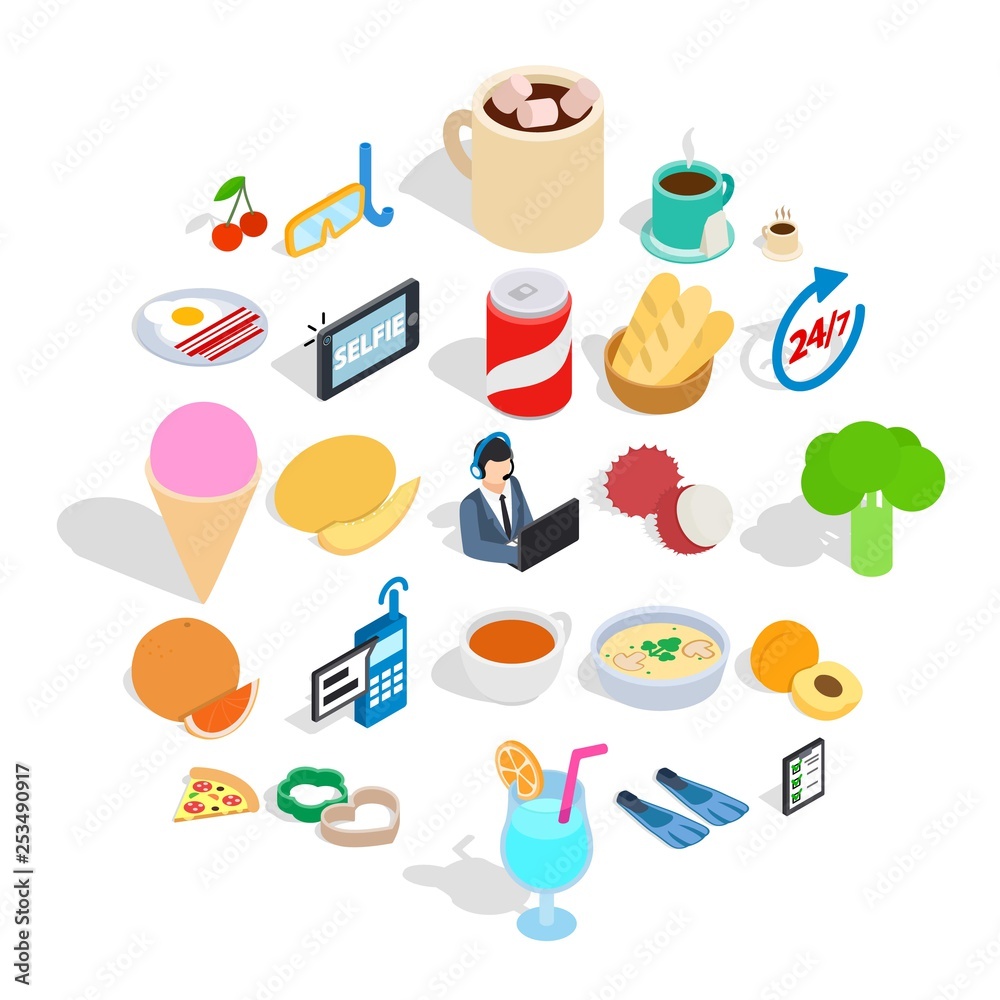Breakfast icons set. Isometric set of 25 breakfast vector icons for web isolated on white background