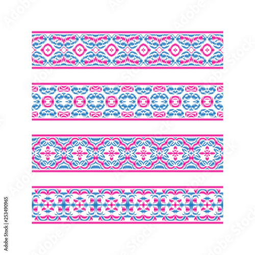 Set of colored ribbon patterns. Pink blue traditional ornaments for embroidery or frame design. Vector patterned brushes templates.