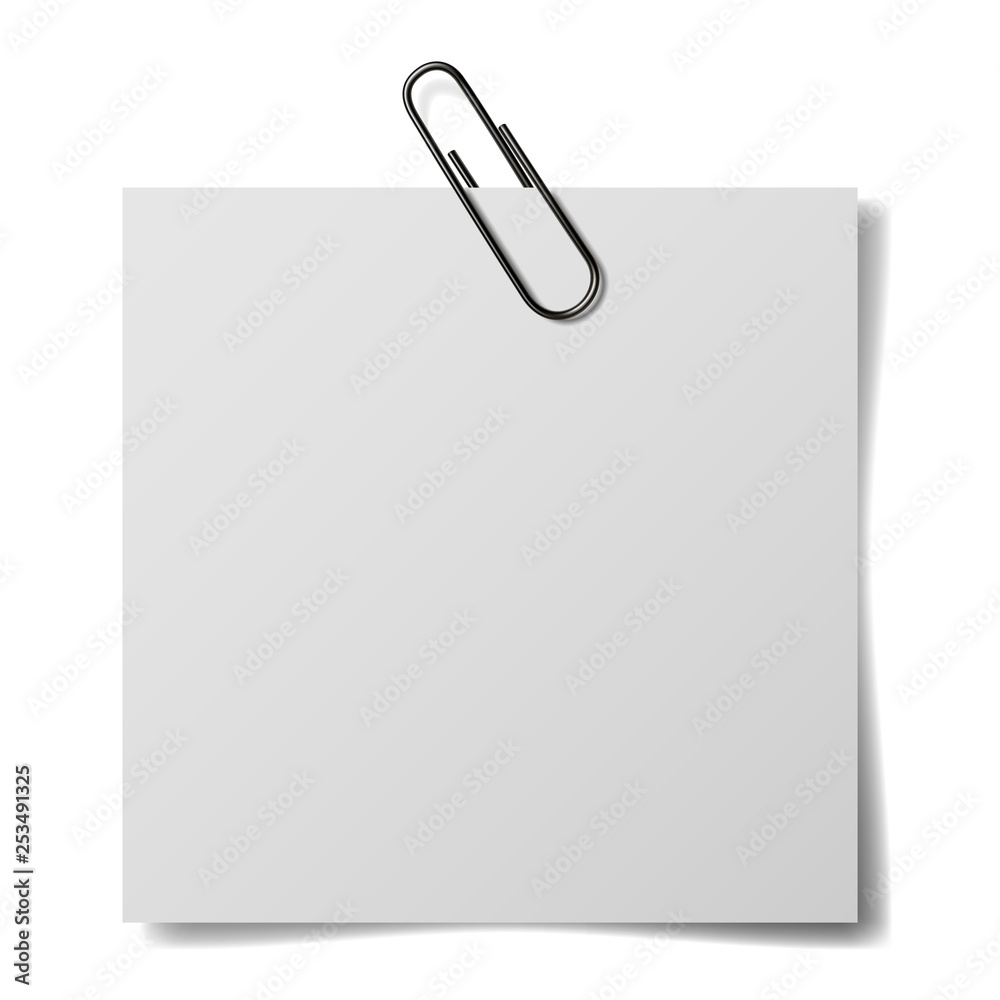 Realistic paper clip with white paper for your text, isolated on white background.