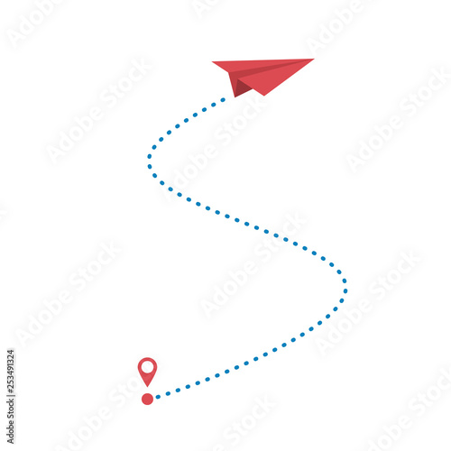 Red paper plane and its dotted path isolated on white background. Vector illustration.