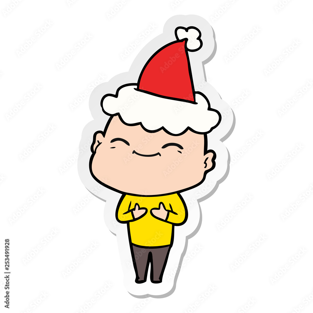 happy sticker cartoon of a bald man wearing santa hat