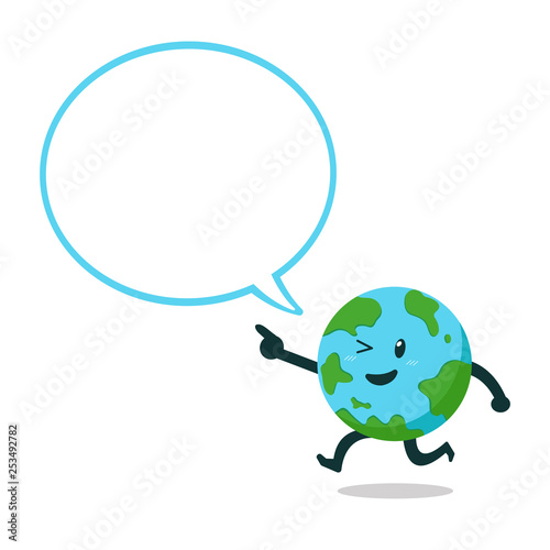 Cartoon earth character with white speech bubble for design.
