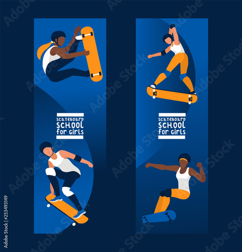 Skateboarders on skateboard vector skateboarding boy or girl characters backdrop teenager skaters jumping on board in skatepark illustration set of people skating background