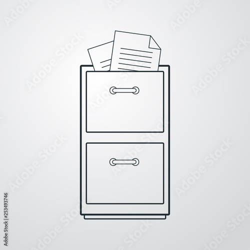 Icono plano lineal archivador de metal con documento en fondo gris