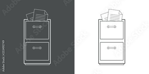 Icono plano lineal archivador de metal con documento en gris y blanco