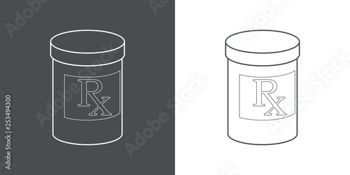 Icono plano lineal bote de medicinas en gris y blanco
