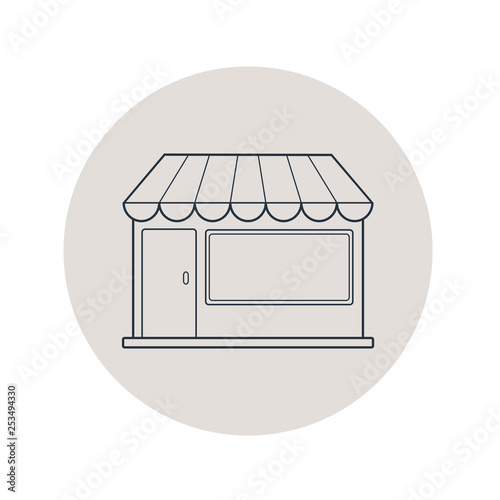 Icono plano lineal fachada de comercio en círculo color gris