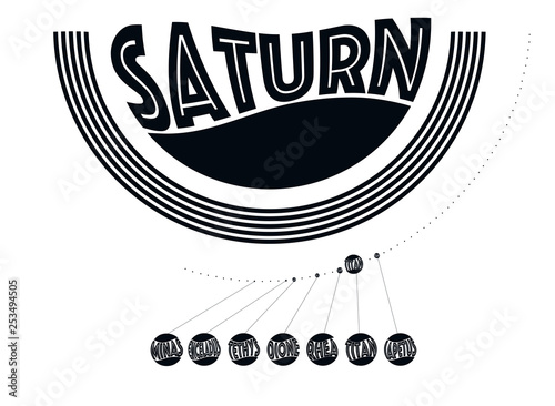 graphic Saturn and its moons in black and white