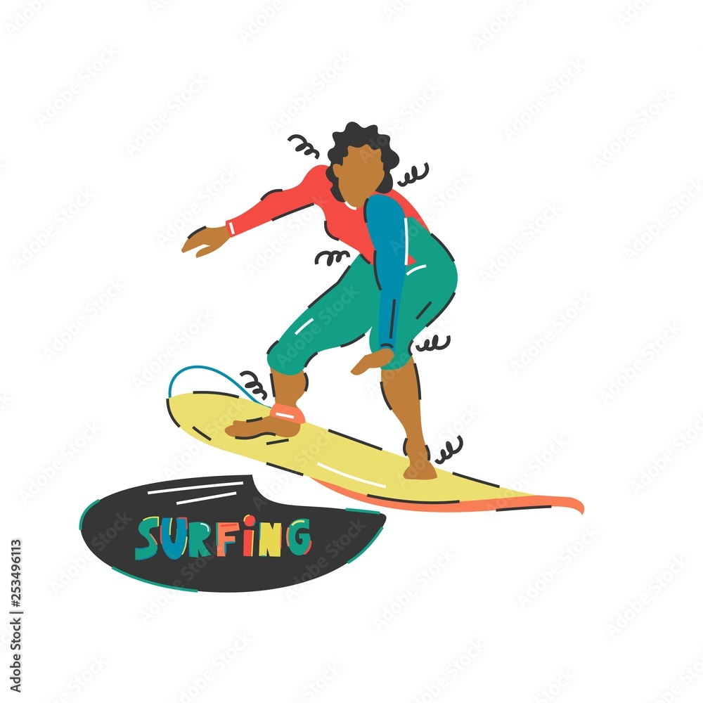 Handdrawn vector illustration with sports surfer girl.Sketch design.