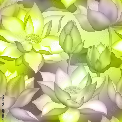 Lotus buds and flowers seamless background., Water lilly nelumbo aquatic plant illustration.