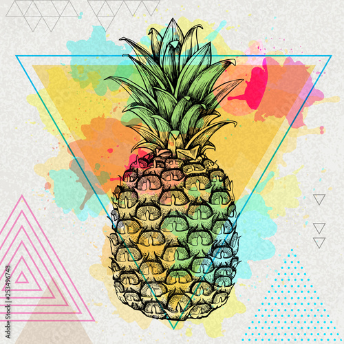 Hipster realistic tropic fruit pineapple on artistic triangle watercolor background